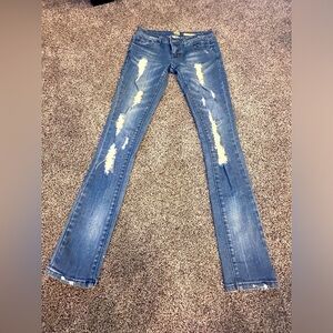 Flying Monkey low rise woman’s blue jeans size 26 distressed cotton & spandex